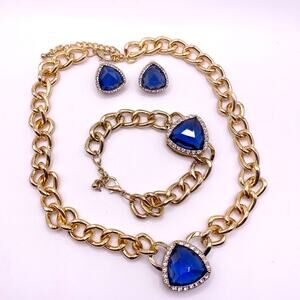 Chunky 80s Style Necklace Set With Earrings and Bracelet Blue CZ Crystal